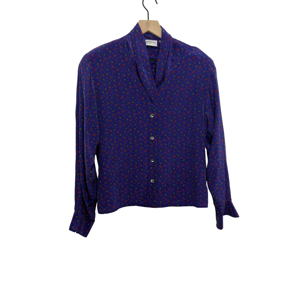 Liz Claiborne Vintage Silk Blouse Purple Paisley Button Front Long Sleeve Size 6
